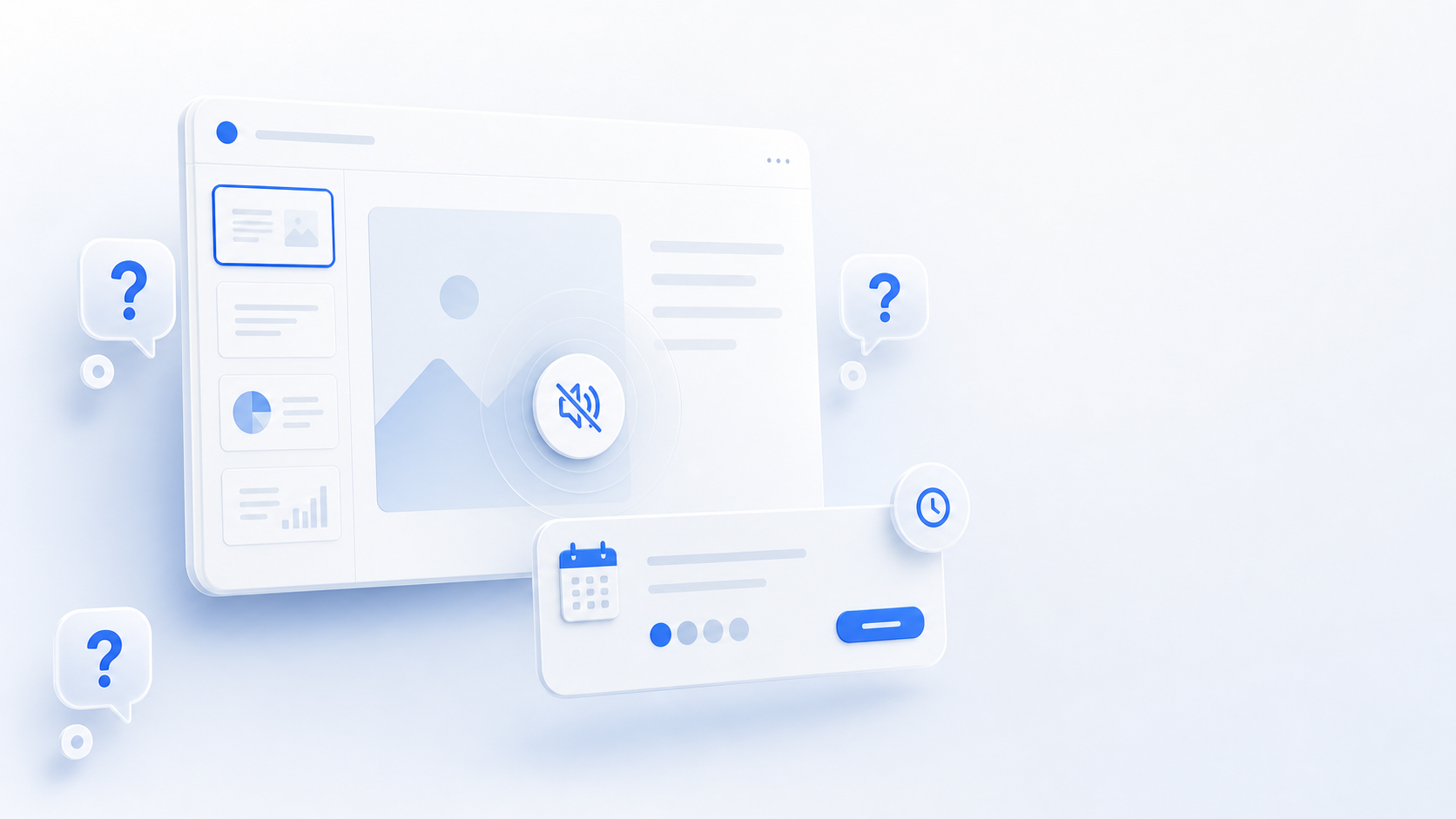 A silent presentation deck surrounded by unanswered question bubbles and a calendar invite panel.